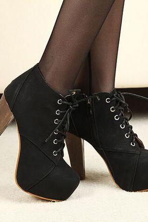 Ulass Black Lace up Suede High Heel Boots ST-078