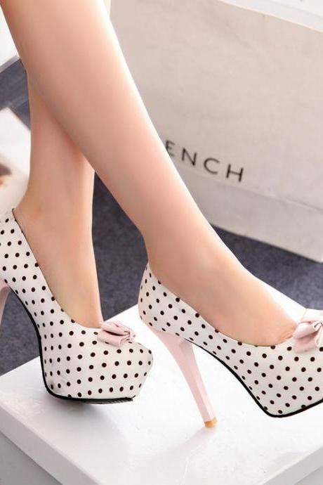 Polka Dot Printed Round Toe Stiletto Pumps with Ribbon