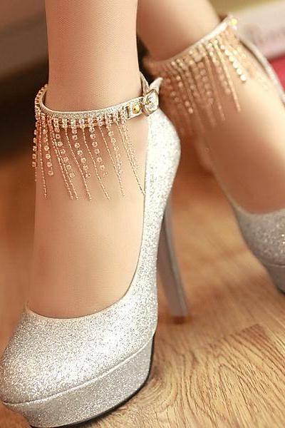 Ulass Stiletto High Heels Silver PU Party Ankle Strap Pumps ST-111