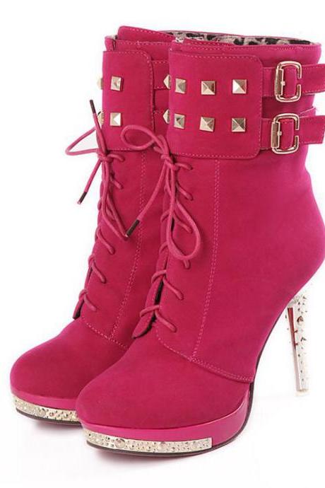 UlassSexy Lace Up Rivets High Heels Suede Fashion Boots ST-116