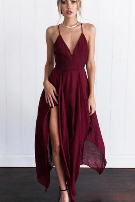 Ulass Sexy Straps V-neck Long Burgundy Chiffon Prom Dress Homecoming Dress