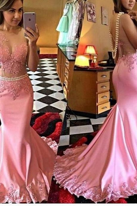 Ulass 2017 Sexy Prom Dresses,mermaid Prom Dresses,pink Prom Dresses,lace Appliques Prom Dresses,pearls Prom Dresses,evening Dresses,open Back