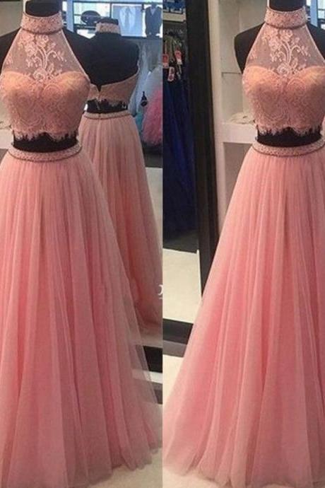 Ulass A-line Pink Prom Dresses,lace Prom Dresses,open Back Prom Dresses,halter Prom Dresses,plus Size Prom Dresses,evening Dresses,party Dresses