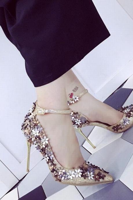 Floral Appliqués Glitter Pointed-Toe Ankle Strap High Heel Stilettos