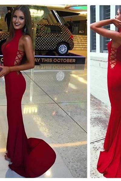 Ulass 2017 Red Mermaid Sexy Unique Design High Neck Popular Prom Dress, Party Dress