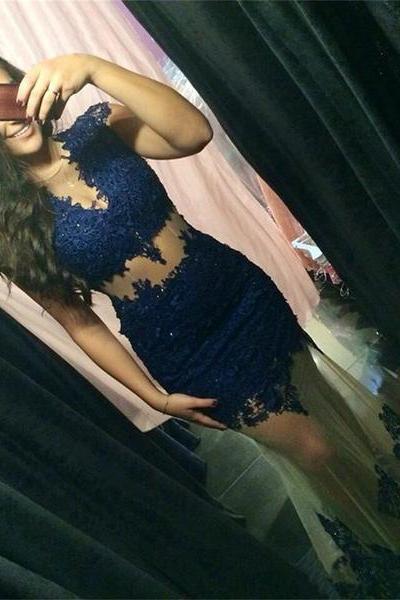 Ulass Blue Lace Long Sexy See-through Mermaid Fashion Formal Party Prom Dress