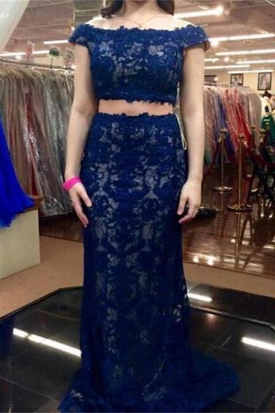 Ulass Cap Sleeves Two Pieces Blue Elegant Lace Most Popular Evening Cocktail Prom Dress