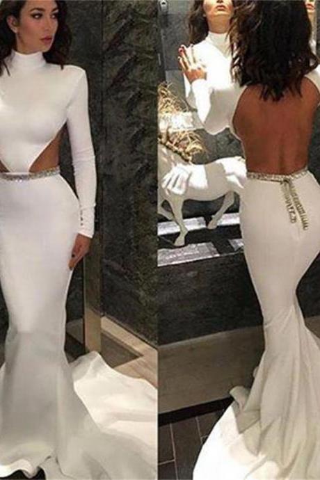 Ulass Long Mermaid White Long Sleeves High Neck Open Back Unique Party Evening Prom Dress