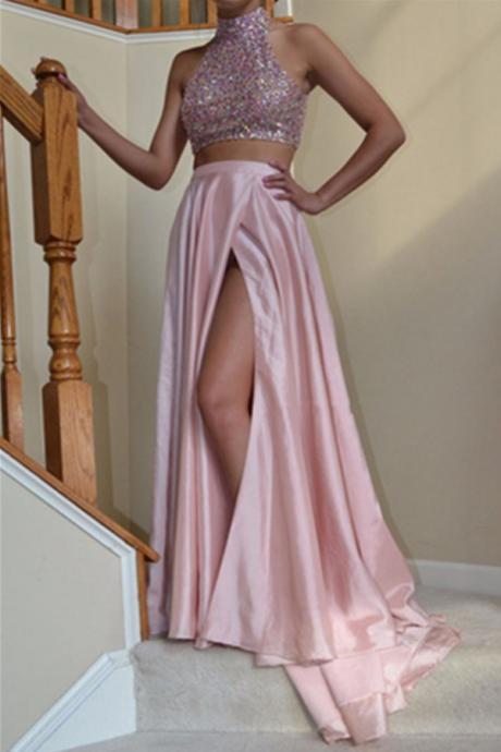 Ulass Prom Dresses, Blushing Pink High Neck Sleeveless Sequins Top Two Pieces Silk Like Satin Long Prom Dress, Evening Dress, Party Dress