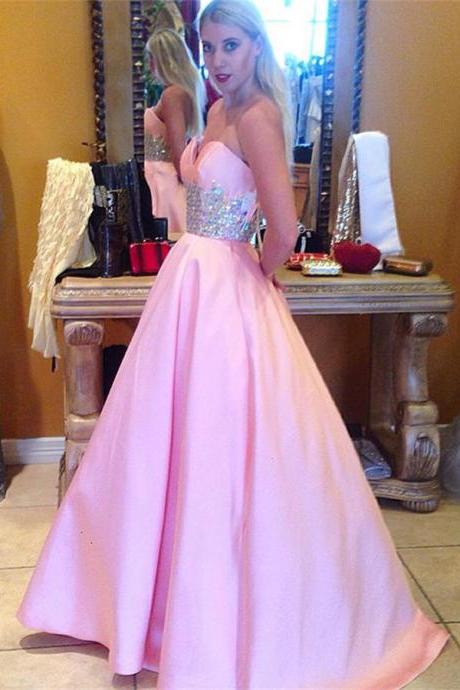 Ulass Arrived Prom Dress, Prom Dresses, Long Prom Dress, Blushing Pink Sweetheart Beading Lace Up Back Long Satin Ball Gown Prom Dress, Pink