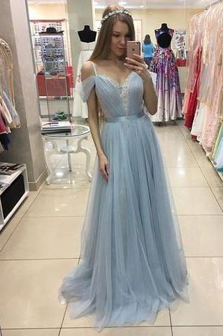 Ulass A-line Sweep Train Baby Blue Formal Dress Cap Sleeves Beautiful Straps Tulle Prom Dress 2018