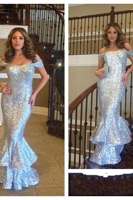 Ulass Prom Dresses,Silver Sequin Boat Neck Mermaid Formal Bodycon Evening Dresses 2018 Prom Party Dresses
