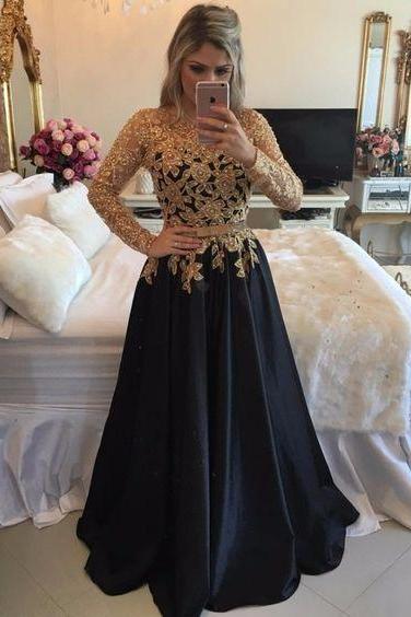 Ulass Back Long Party Dresses, Long Sleeve Black Prom Dresses With Gold Sequins, A Line Black Satin Pageant Prom Dresses