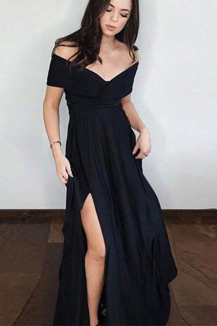 Ulass Black Long Prom Dresses,off The Shoulder Prom Dresses,prom Dresses With Slit,v Neck Long Party Dresses,teens Prom Dresses