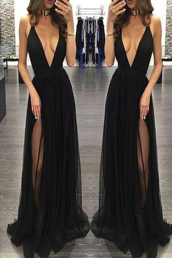 Ulass Sexy Prom Dress,Sleeveless Black Prom Dresses with Slit,Backless Evening Dress,Sexy Prom Dresses ,2017 Party Dress