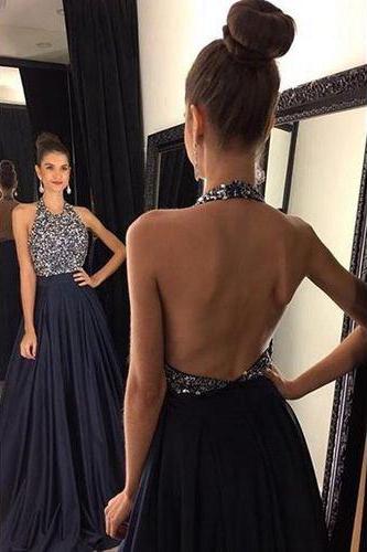 Ulass 2017 Prom Dresses,Long Prom Dress,Dresses For Prom,Navy Prom Dress,Charming Backless Party Dress