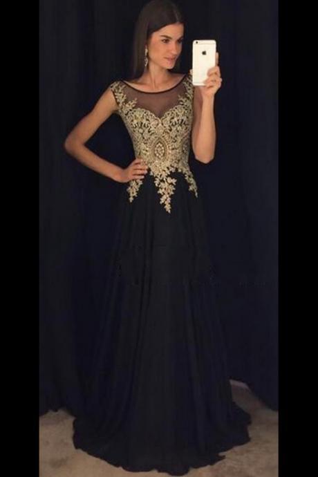 Ulass Sexy Black Prom Dresses Scoop Sleeveless Gold Applique Princess A Line Evening Party Formal Gowns Custom