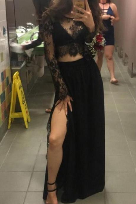 Ulass Sexy Black Lace Prom Dress Long Sleeve Two Pieces Party Dress A Line Split Side Chiffon Gala Dress Cheap