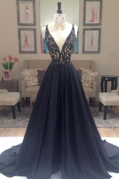 Ulass Elegant prom dress,Black prom dress, A-line prom dress, V-neck prom dress gown, party dress