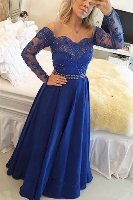 Ulass Beading Lace Evening Dress ,With Long Sleeves Royal Blue Prom Gowns, Modest Prom Dresses, Teens Formal Charming Prom Dress,Lace Bridesmaid Dress,Formal DressDress,Bridesmaid Dress,Backless Prom Dresses