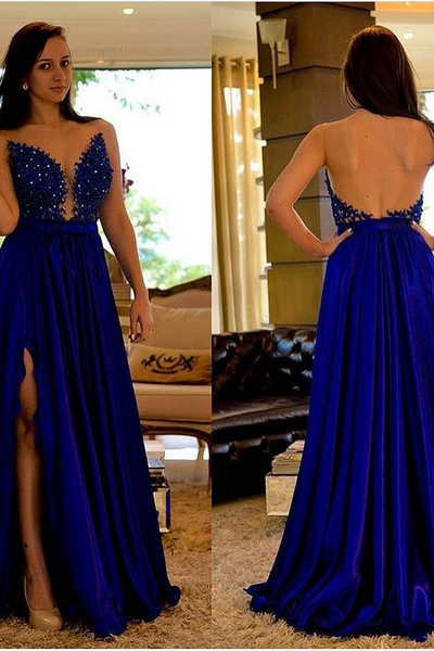 Ulass Sexy Backless Prom Dresses,royal Blue Lace Graduation Dresses,open Back Party Dress,royal Blue Lace Prom Gowns,royal Blue Slit Formal