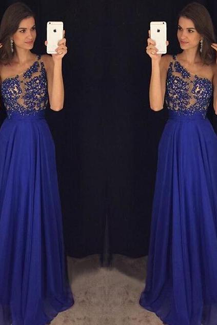 Ulass Royal Blue One Shoulder Chiffon Prom Dress With Sheer Lace Appliques Bodice