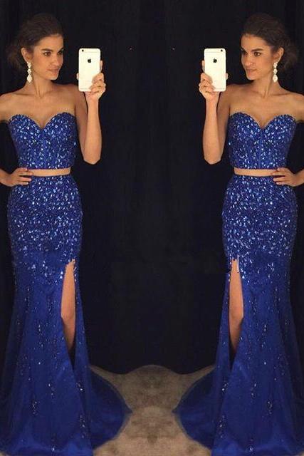 Ulass Romantic Royal Blue Two Piece Prom Dresses,Beaded Prom Dresses,Sweetheart Forml Evening Dresses,Long Party Dresses