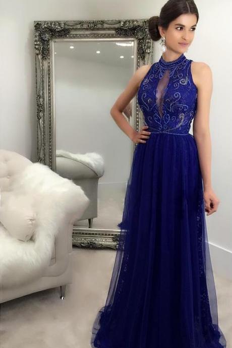 Ulass Royal Blue Long Prom Dresses High Neck Lace Tulle Beading Party Dress Prom Dresses Formal Dress