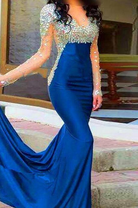 Ulass Sexy See Through Long Sleeves Royal Blue Prom Dresses, High Neck Mermaid Evening Prom Dress,beaded Wedding Party Dresses
