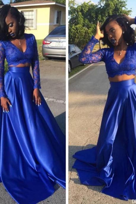 Ulass Royal Blue Prom Dress,two Pieces Prom Dress With Long Sleeves,long Sleeves Prom Dress,sexy Prom Dress