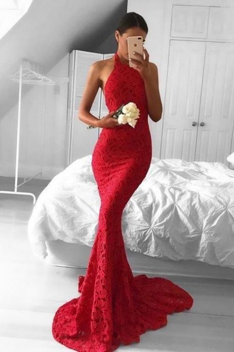Ulass Sexy Evening Dresses,red Prom Gown,mermaid Formal Gown,high Quality Water Soluble Lace Prom Dress ,long Prom Dresses,red Halter Prom Dress