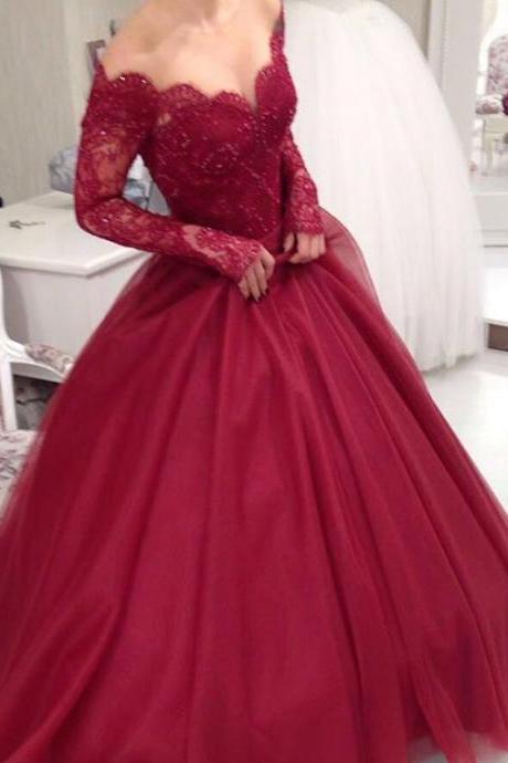 Ulass Charming Burgundy Lace Ball Gown Prom Dresses,Long Sleeves Wine Red V-neck Evening Dresses,Sexy Evening Prom Gowns,Long Dress ,Tulle Prom Gown