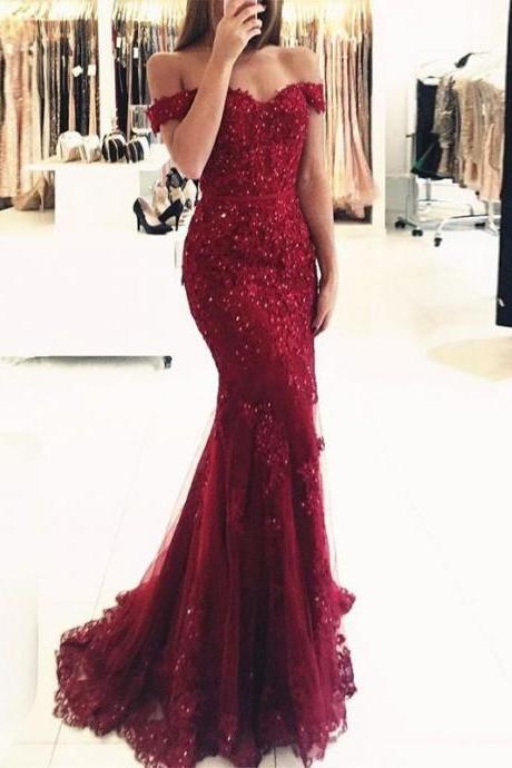 Ulass 2018 Prom Dresses,off Shoulder Red Lace Evening Dress,mermaid Prom Dresses, Long Sexy Party Prom Dress, Custom Long Prom Dresses, Formal