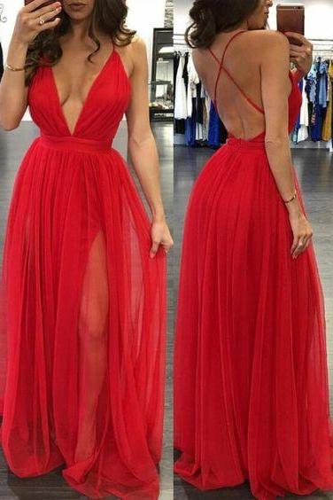 Ulass 30d Chiffon Red Evening Dresses,straps Prom Dress,backless Red Graduation Dress,open Back Red Formal Party Dress,slit Red Prom Dresses