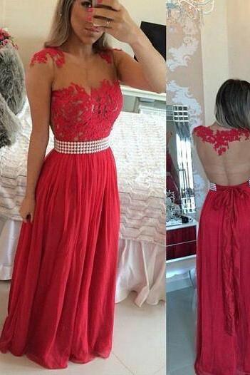 Ulass Sexy See Through Prom Dress Red Lace Prom Dress Beaded Pearls Belt Chiffon Long Prom Dresses Special Occasion Dresses