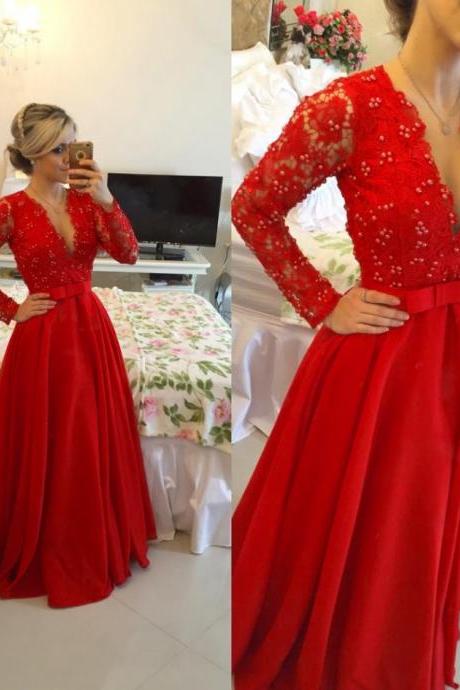 Ulass Sexy Women Beaded Formal Dresses Red Satin Evening Party Gonws With Plunge V Neckline And Long Sleeve