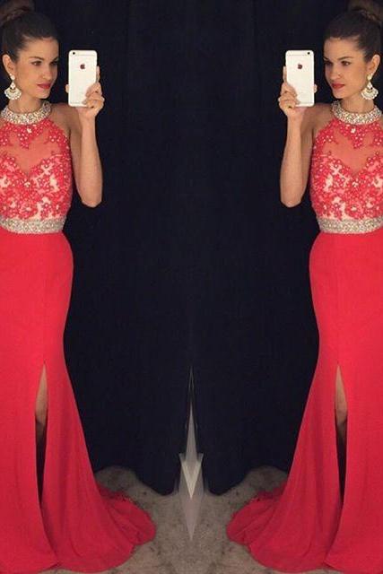 Ulass Sexy Prom Dresses,Red Prom Dress,Chiffon Evening Gown,Long Formal Dress,Beaded Prom Gowns,Evening Dresses