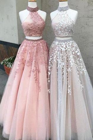 Ulass High Fashion A-line Two-piece High Neck Tulle Long Prom Dress With Appliques