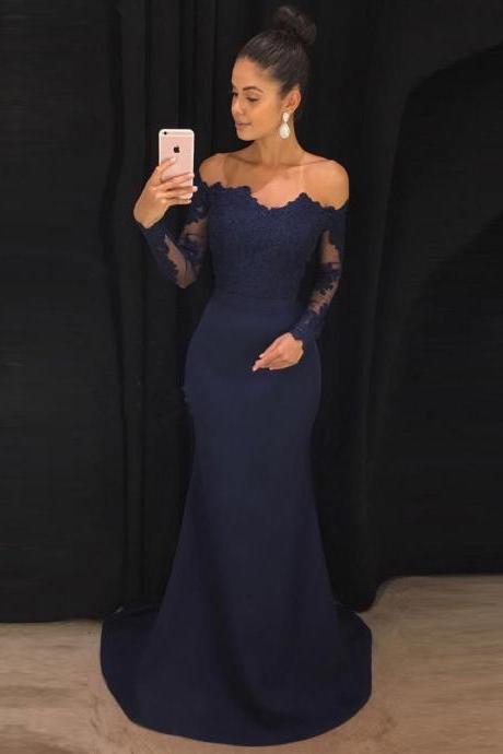 Ulass Off The Shoulder Navy Mermaid Prom Dresses With Long Sleeves,sweep Train Lace Prom Dress