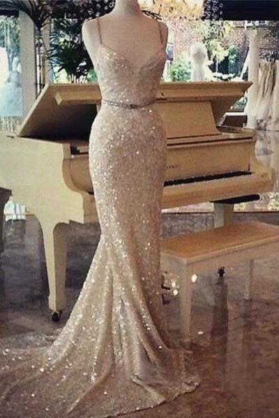 Champagne Sequin Prom Dress, Long Prom Dress, Mermaid Prom Dress, Beautiful Prom Dress, Prom Dresses 2017