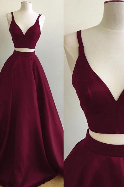 Simple A-line Two-piece V-neck Burgundy Long Prom/evening Dress