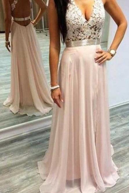 Sexy Pink Prom Dresses Halter V-neck Lace Sleeveless Open Back Chiffon Elegant Evening Gowns