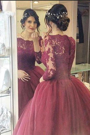 2018 Burgundy Evening Prom Dresses Lace Three Quarter Sleeve Ball Gown Prom Dress Elegant Long Vestido De Noiva