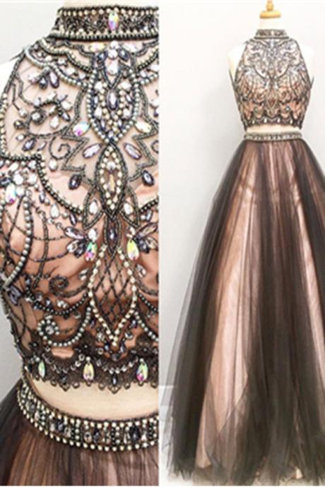 Two Pieces Prom Dresses,a-line Tulle Prom Gowns,halter Beading 2018 Evening Dresses,beautiful Party Dresses,cute Dresses