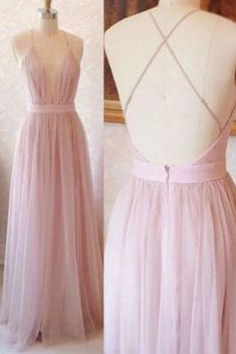 Simple A-line V-neck Long Pink Prom Dress With Criss Cross Back Prom Dress