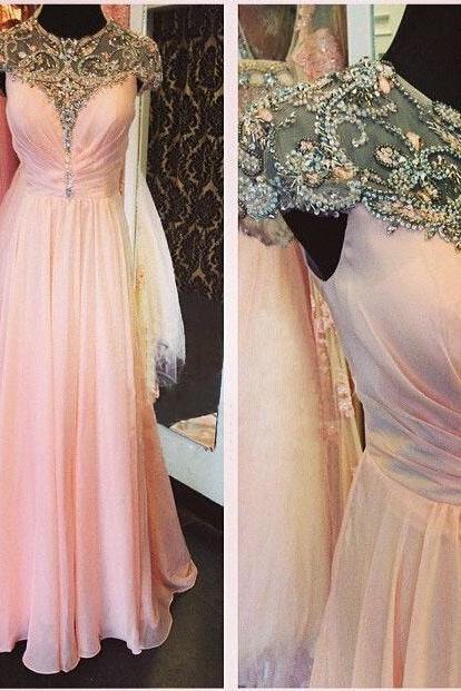 cap sleeve prom dress, pink prom dress, gorgeous prom dress, elegant prom dress, beautiful dress, popular prom dress,Long Prom Dresses