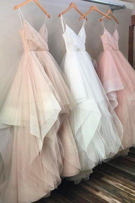 A Line Tulle Evening Prom Dresses, Custom Long Party Prom Dresses, Simple Prom Dresses, 2017 Prom Dresses