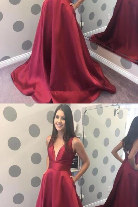 Dark Red Deep V Neck Prom Dresses 2018 Floor Length Evening Gowns Women Formal Party Dress