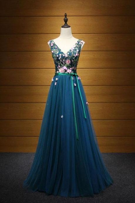Elegant blue v neck tulle long prom dress, evening dress