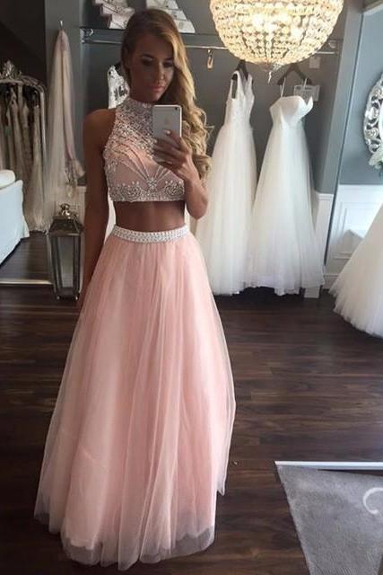 Pink 2 Piece Prom Dresses Long Beaded Girls Sparkly Graduation Party Dress High Neck Formal Evening Gowns